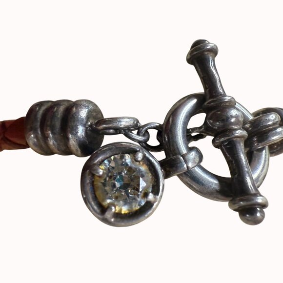 Braided Leather Bracelet With Sterling Silver Toggle Clasp & Crystal Charm - Picture 1 of 9